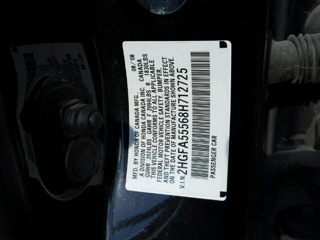 2HGFA55568H712725 - 2008 HONDA CIVIC BLACK photo 10