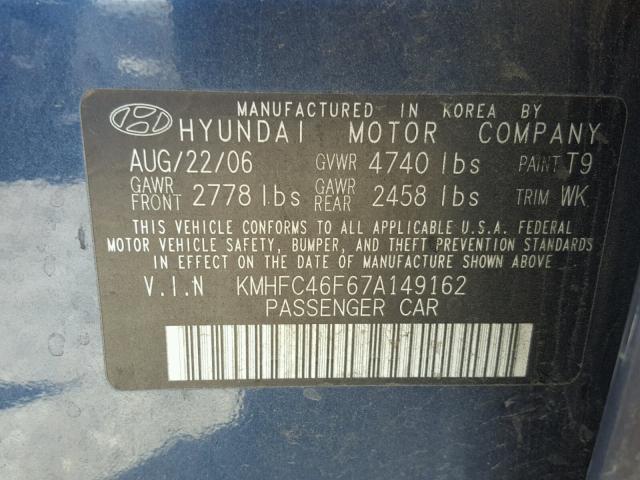 KMHFC46F67A149162 - 2007 HYUNDAI AZERA SE BLUE photo 10