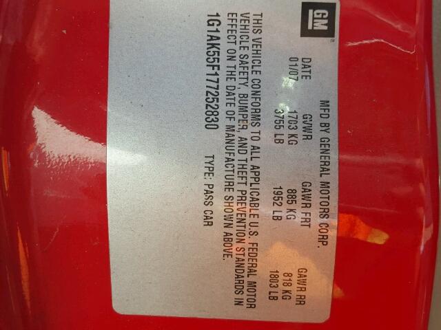 1G1AK55F177252830 - 2007 CHEVROLET COBALT LS RED photo 10