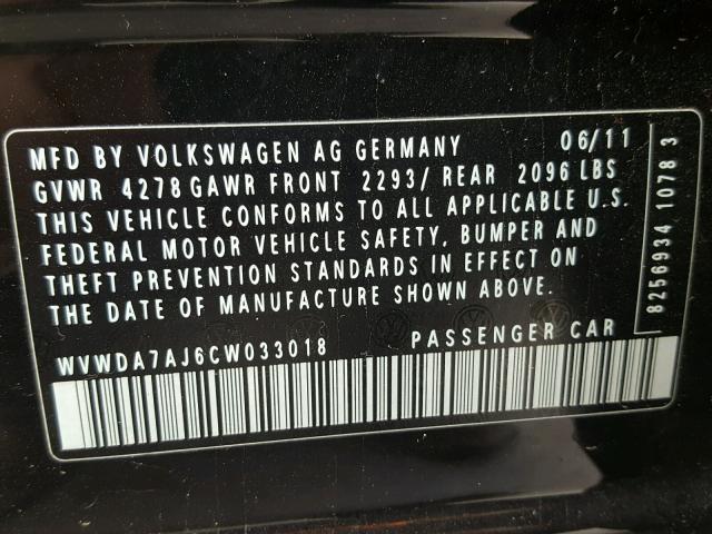 WVWDA7AJ6CW033018 - 2012 VOLKSWAGEN GOLF 黑色 照片 10