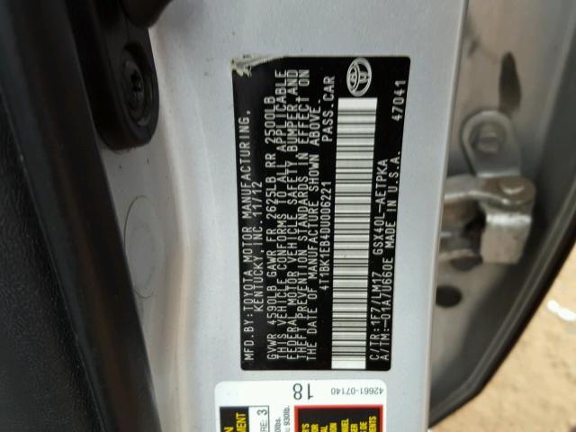 4T1BK1EB4DU006221 - 2013 TOYOTA AVALON BAS Silber Foto 10