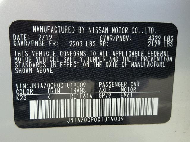 JN1AZ0CP0CT019009 - 2012 NISSAN LEAF SV SILVER photo 10