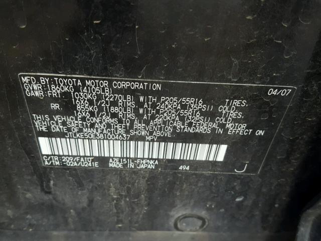 JTLKE50E381004637 - 2008 SCION XB BLACK photo 10