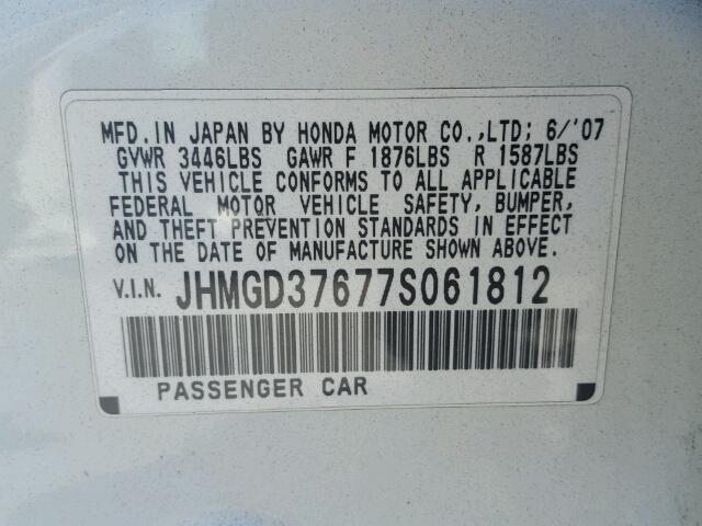JHMGD37677S061812 - 2007 HONDA FIT S WHITE photo 10