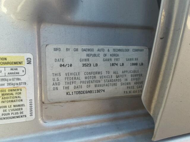 KL1TD5DE6AB113274 - 2010 CHEVROLET AVEO LS SILVER photo 10