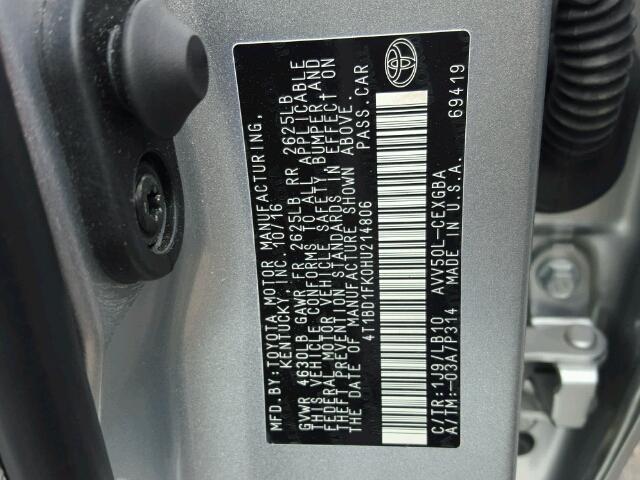 4T1BD1FK0HU214806 - 2017 TOYOTA CAMRY HYBR SILVER photo 10