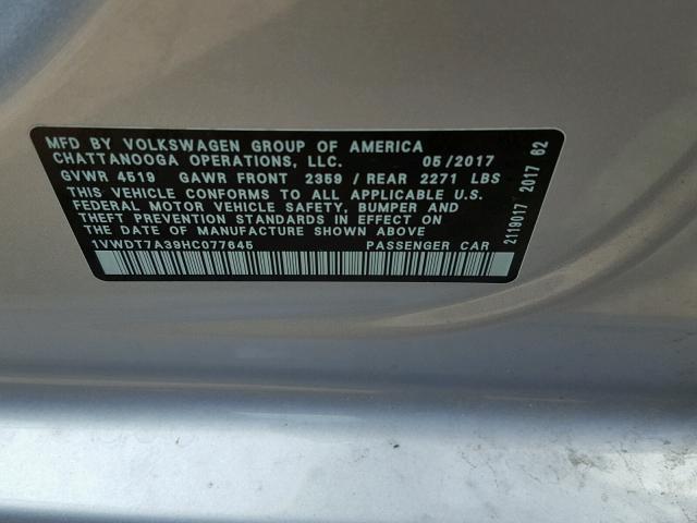 1VWDT7A39HC077645 - 2017 VOLKSWAGEN PASSAT R-L SILVER photo 10