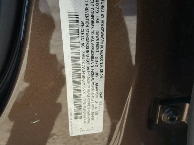 3VW2K7AJ4BM075557 - 2011 VOLKSWAGEN JETTA BASE 棕色 照片 10