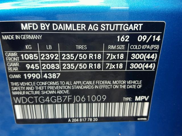 WDCTG4GB7FJ061009 - 2015 MERCEDES-BENZ GLA 250 4M BLUE photo 10