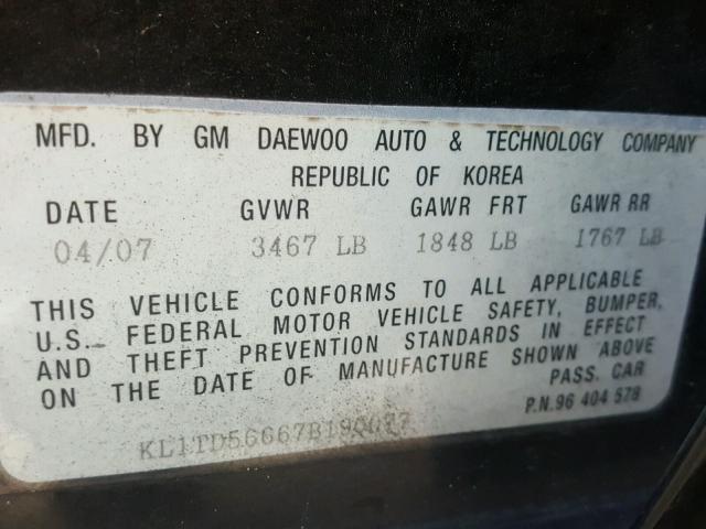 KL1TD56667B190077 - 2007 CHEVROLET AVEO BASE Қара фото 10