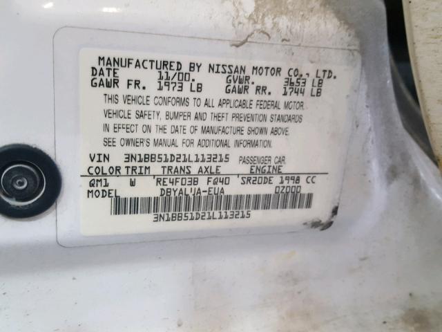 3N1BB51D21L113215 - 2001 NISSAN SENTRA SE WHITE photo 10