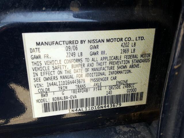 1N4AL11D16N443679 - 2006 NISSAN ALTIMA S BLUE photo 10