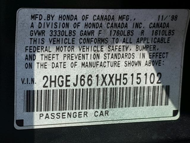 2HGEJ661XXH515102 - 1999 HONDA CIVIC BASE GREEN photo 10