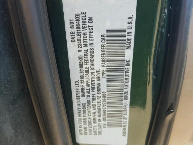 4S3BH665727604968 - 2002 SUBARU LEGACY GRAY photo 10