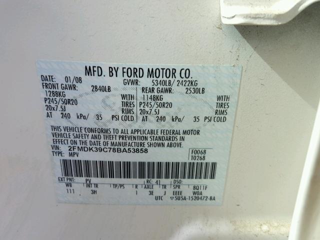 2FMDK39C78BA53858 - 2008 FORD EDGE LIMIT WHITE photo 10