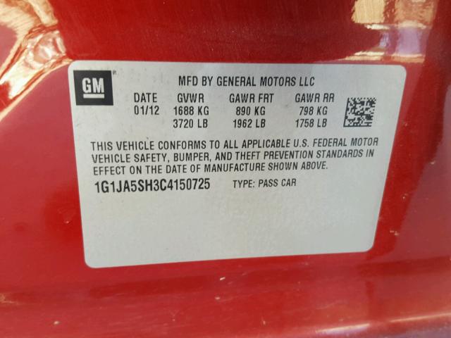 1G1JA5SH3C4150725 - 2012 CHEVROLET SONIC LS 红色 照片 10