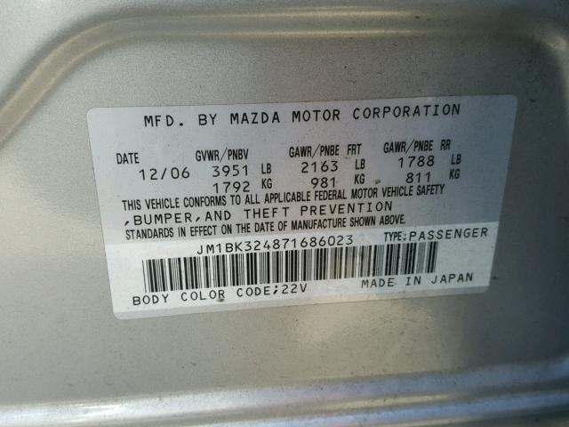 JM1BK324871686023 - 2007 MAZDA 3 S SILVER photo 10