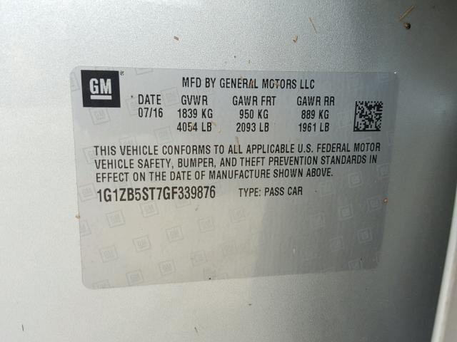 1G1ZB5ST7GF339876 - 2016 CHEVROLET MALIBU LS SILVER photo 10