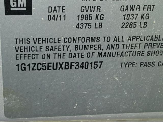 1G1ZC5EUXBF340157 - 2011 CHEVROLET MALIBU 1LT BEIGE photo 10