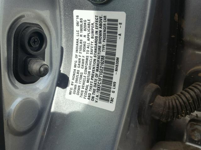 19XFC1F71GE216288 - 2016 HONDA CIVIC EXL 银色 照片 10