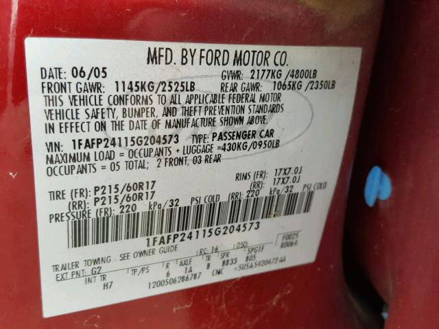 1FAFP24115G204573 - 2005 FORD FIVE HUNDR RED photo 10
