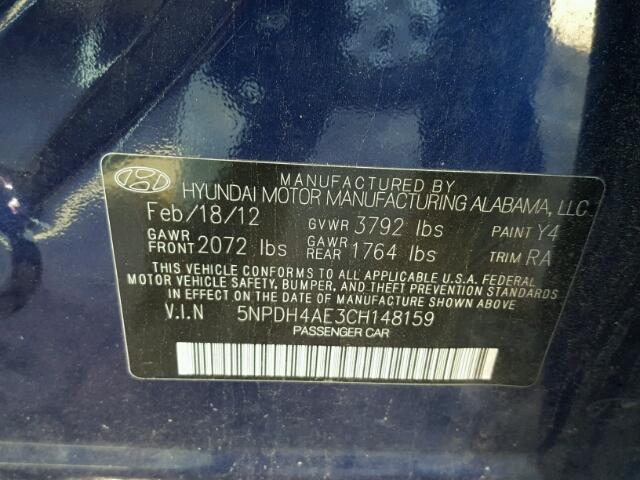 5NPDH4AE3CH148159 - 2012 HYUNDAI ELANTRA GL BLUE photo 10