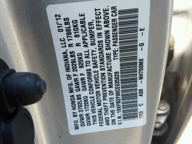 19XFB2F96CE035028 - 2012 HONDA CIVIC EXL SILVER photo 10