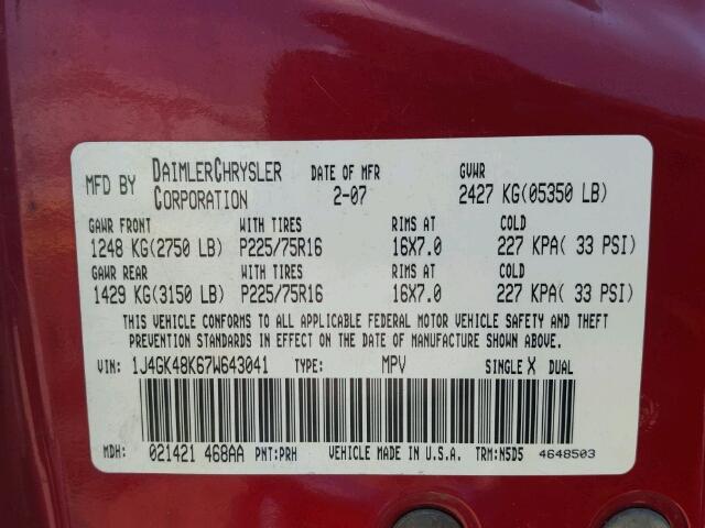 1J4GK48K67W643041 - 2007 JEEP LIBERTY SP RED photo 10