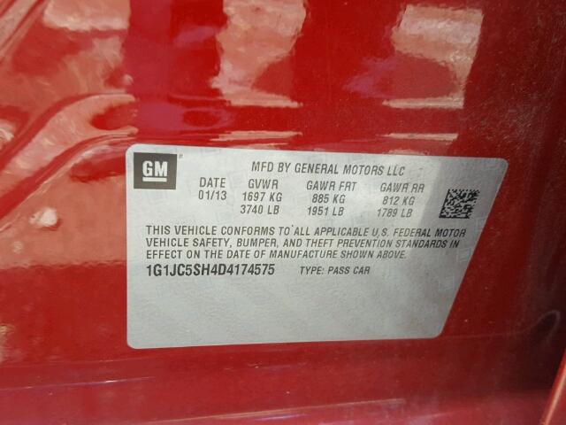 1G1JC5SH4D4174575 - 2013 CHEVROLET SONIC LT RED photo 10