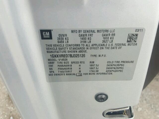 1GKKVRED7BJ325126 - 2011 GMC ACADIA SLT ვერცხლისფერი ფოტო 10