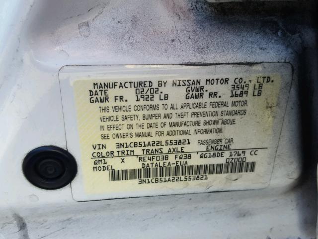 3N1CB51A22L553821 - 2002 NISSAN SENTRA GXE WHITE photo 10