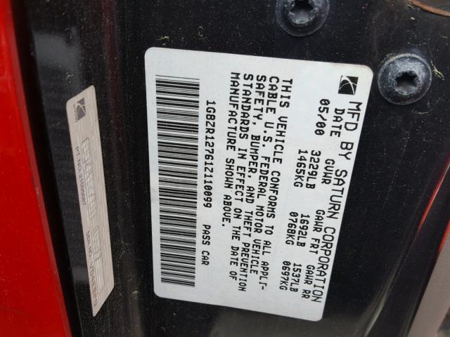 1G8ZR12761Z110099 - 2001 SATURN SC2 RED photo 10