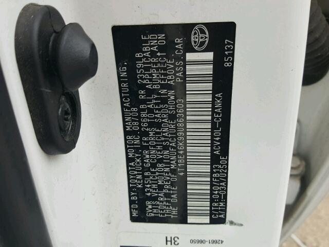 4T1BE46K99U863603 - 2009 TOYOTA CAMRY BASE WHITE photo 10