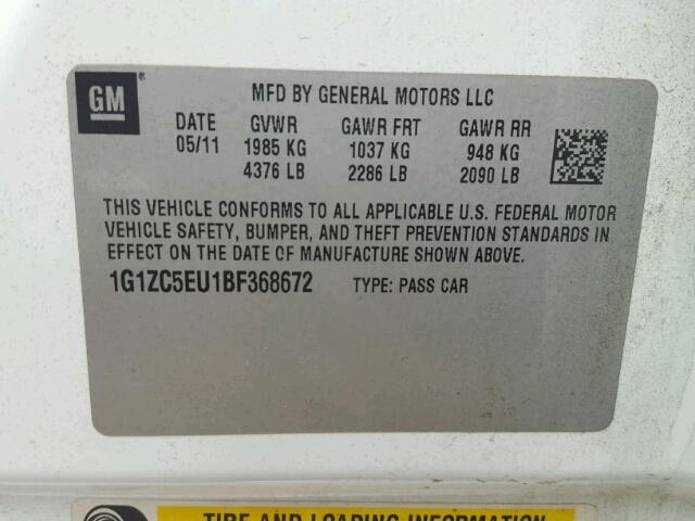 1G1ZC5EU1BF368672 - 2011 CHEVROLET MALIBU 1LT 白色 照片 10