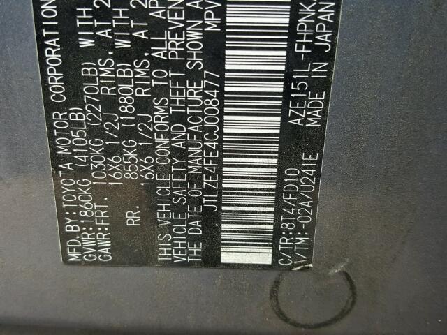 JTLZE4FE4CJ008477 - 2012 TOYOTA SCION XB GRAY photo 10