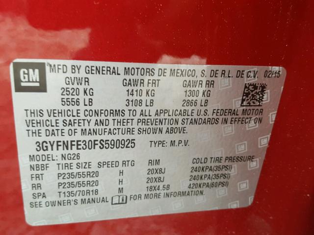 3GYFNFE30FS590925 - 2015 CADILLAC SRX PERFOR RED photo 10