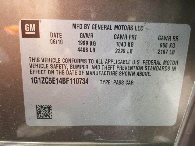 1G1ZC5E14BF110734 - 2011 CHEVROLET MALIBU 1LT ყავისფერი ფოტო 10