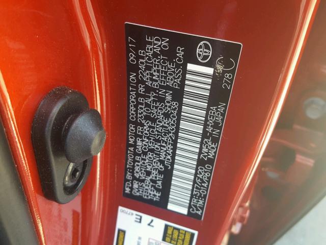 JTDKARFP2H3050438 - 2017 TOYOTA PRIUS PRIM 红色 照片 10