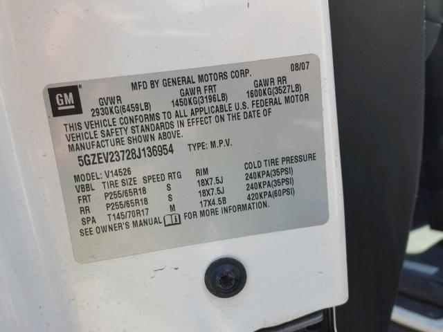 5GZEV23728J136954 - 2008 SATURN OUTLOOK XR კრემისფერი ფოტო 10