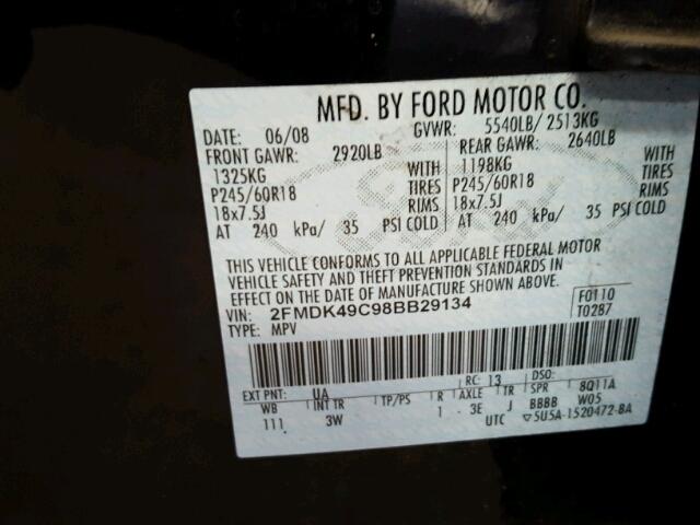 2FMDK49C98BB29134 - 2008 FORD EDGE BLACK photo 10