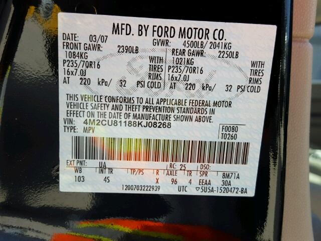 4M2CU81188KJ08268 - 2008 MERCURY MARINER BLACK photo 10