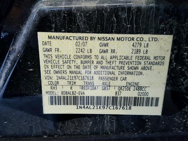 1N4AL21E97C167618 - 2007 NISSAN ALTIMA 2.5 BLACK photo 10