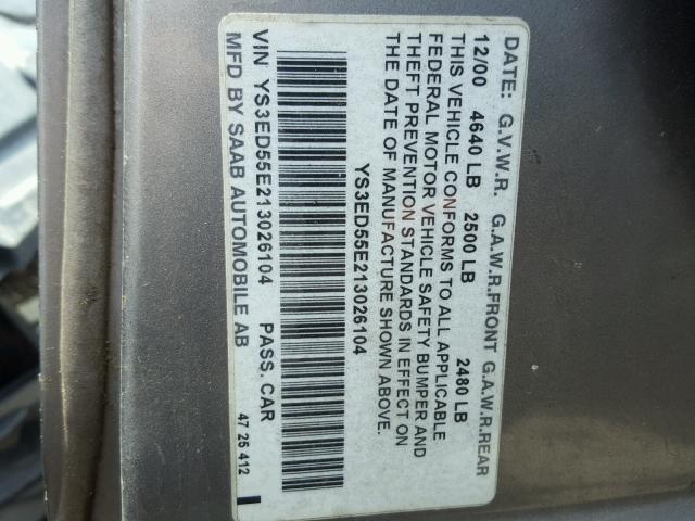 YS3ED55E213026104 - 2001 SAAB 9-5 GRAY photo 10