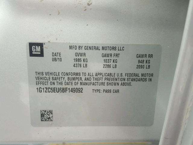 1G1ZC5EU6BF149092 - 2011 CHEVROLET MALIBU 1LT 银色 照片 10