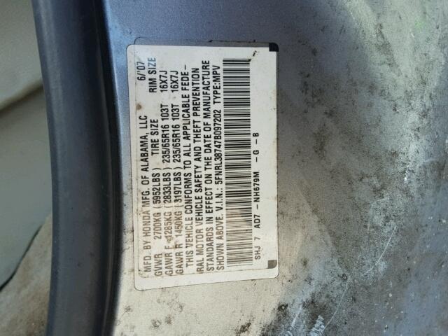 5FNRL38747B097202 - 2007 HONDA ODYSSEY EX GRAY photo 10