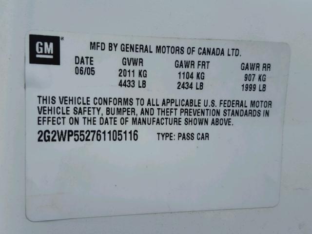 2G2WP552761105116 - 2006 PONTIAC GRAND PRIX WHITE photo 10