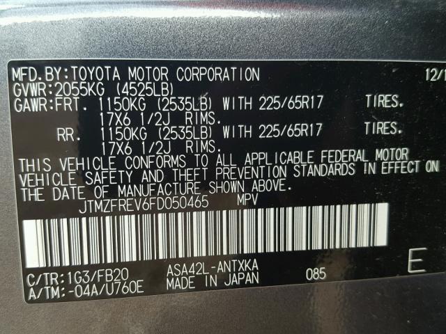 JTMZFREV6FD050465 - 2015 TOYOTA RAV4 LE GRAY photo 10