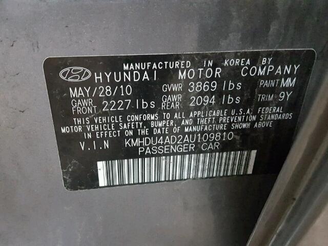 KMHDU4AD2AU109810 - 2010 HYUNDAI ELANTRA BL GRAY photo 10