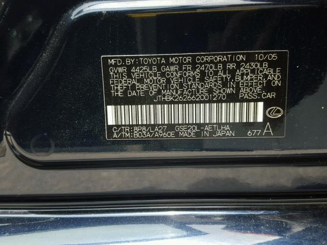 JTHBK262662001270 - 2006 LEXUS IS 250 BLUE photo 10