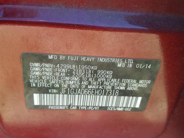 JF1GJAD66EH017318 - 2014 SUBARU IMPREZA PR RED photo 10